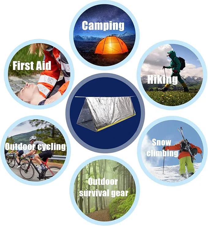 1 Piece Survival Shelter, Polyester Film Emergency Tent Survival Kit with String Bundle Pocket Whistle for Hiking, Car Camping, First Aid Hurricane