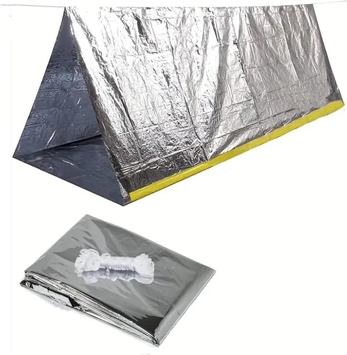 1 Piece Survival Shelter, Polyester Film Emergency Tent Survival Kit with String Bundle Pocket Whistle for Hiking, Car Camping, First Aid Hurricane