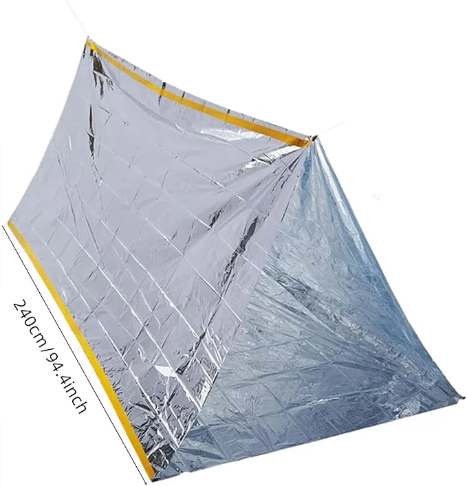 1 Piece Survival Shelter, Polyester Film Emergency Tent Survival Kit with String Bundle Pocket Whistle for Hiking, Car Camping, First Aid Hurricane