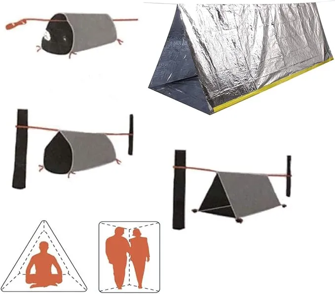 1 Piece Survival Shelter, Polyester Film Emergency Tent Survival Kit with String Bundle Pocket Whistle for Hiking, Car Camping, First Aid Hurricane