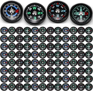 100 Pcs Button Compass Bulk 20mm Mini Survival Compass Pocket Oil Filled Compass for Camping Hiking Boating Touring Outdoor Activities, 4 Styles