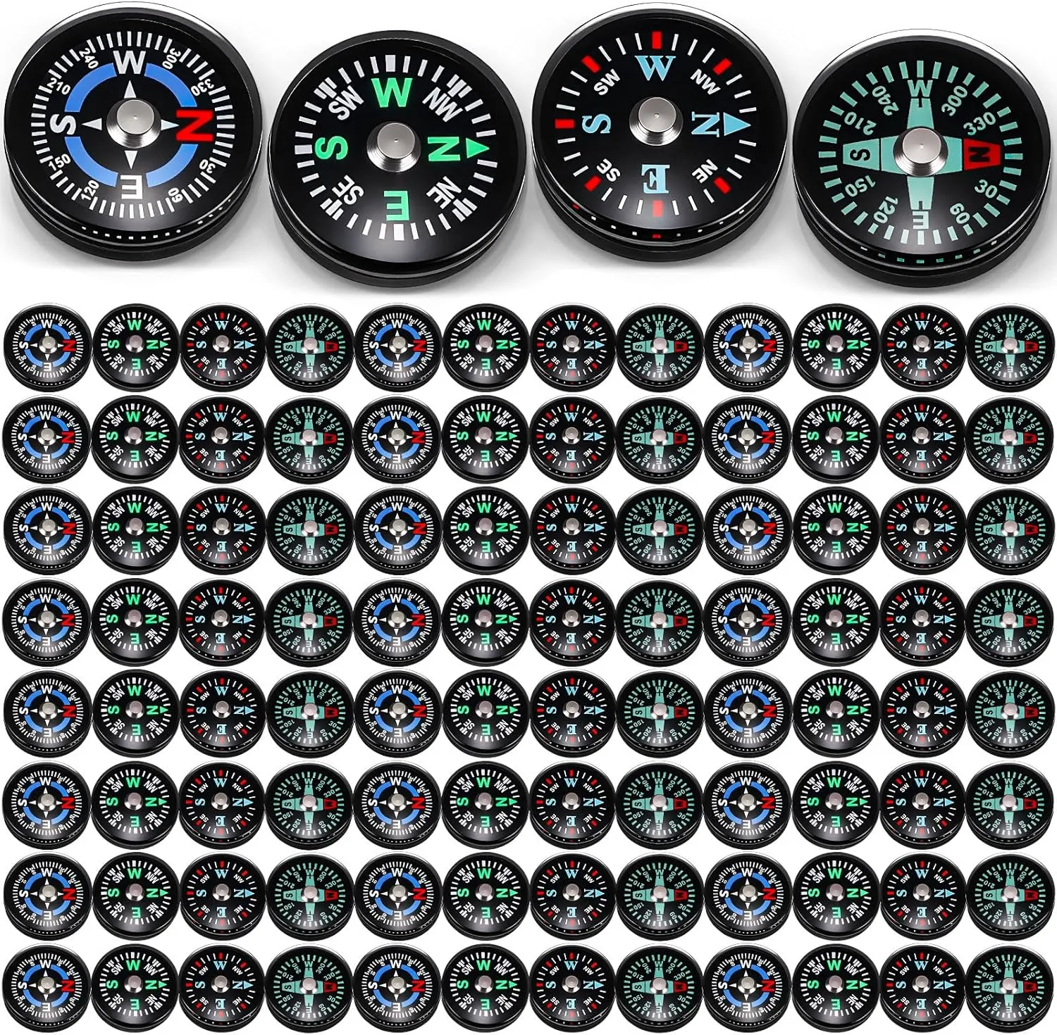 100 Pcs Button Compass Bulk 20mm Mini Survival Compass Pocket Oil Filled Compass for Camping Hiking Boating Touring Outdoor Activities, 4 Styles