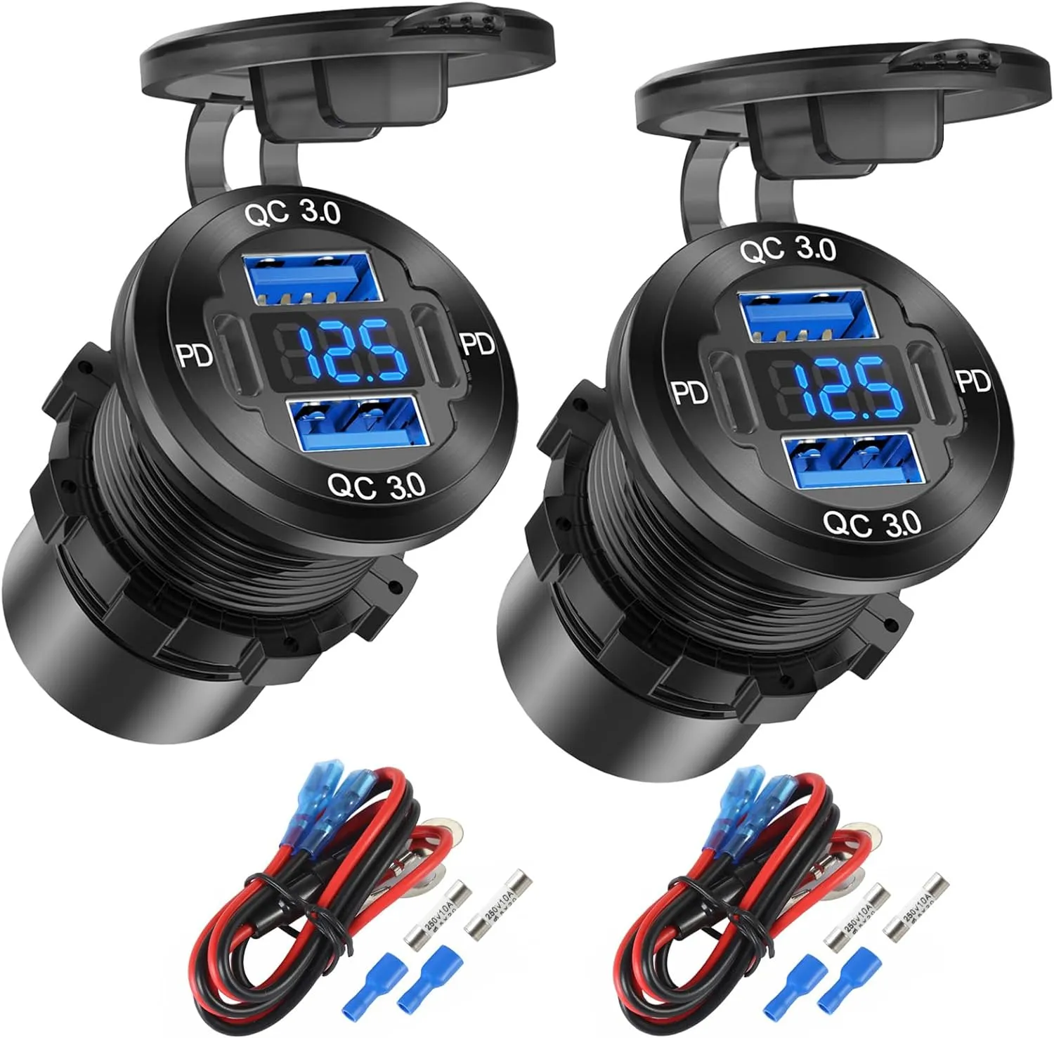 2 Pack 4 Port 12V USB Outlet Aluminum Charger, 78W Dual PD & QC Multiple USB Port for Car, USB C Cigarette Lighter Replacement 12 Volt Socket with Voltmeter Waterproof for Marine Boat Motorcycle RV