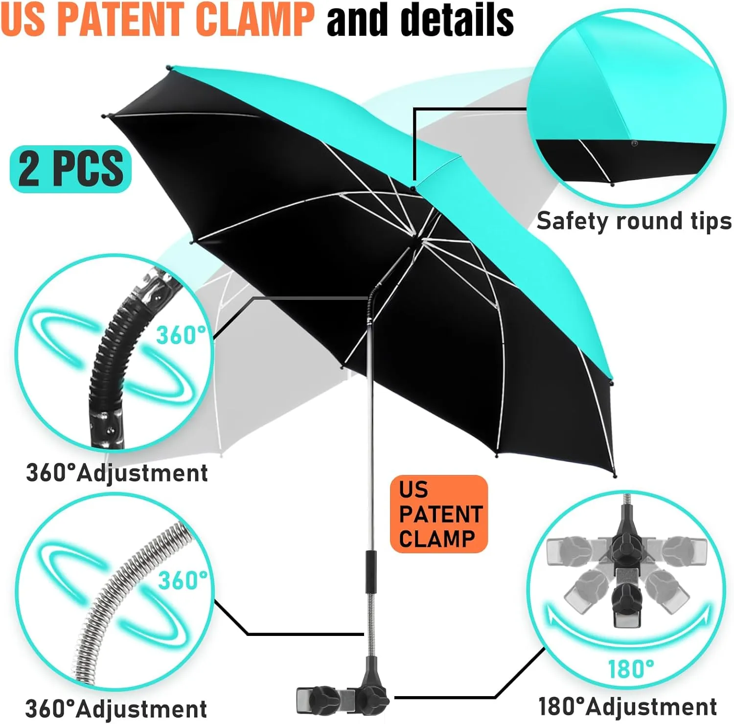 2 PACK Beach Umbrella with Clamp, 360 ° Adjustable Umbrellas for Chair, UPF50  Umbrella for Beach Chair, Patio Chair, Wheelchair, Camping Chair, Golf Carts (Chair Not Included)