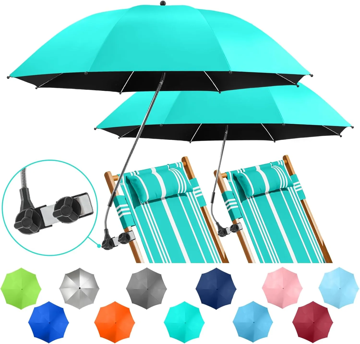 2 PACK Beach Umbrella with Clamp, 360 ° Adjustable Umbrellas for Chair, UPF50  Umbrella for Beach Chair, Patio Chair, Wheelchair, Camping Chair, Golf Carts (Chair Not Included)