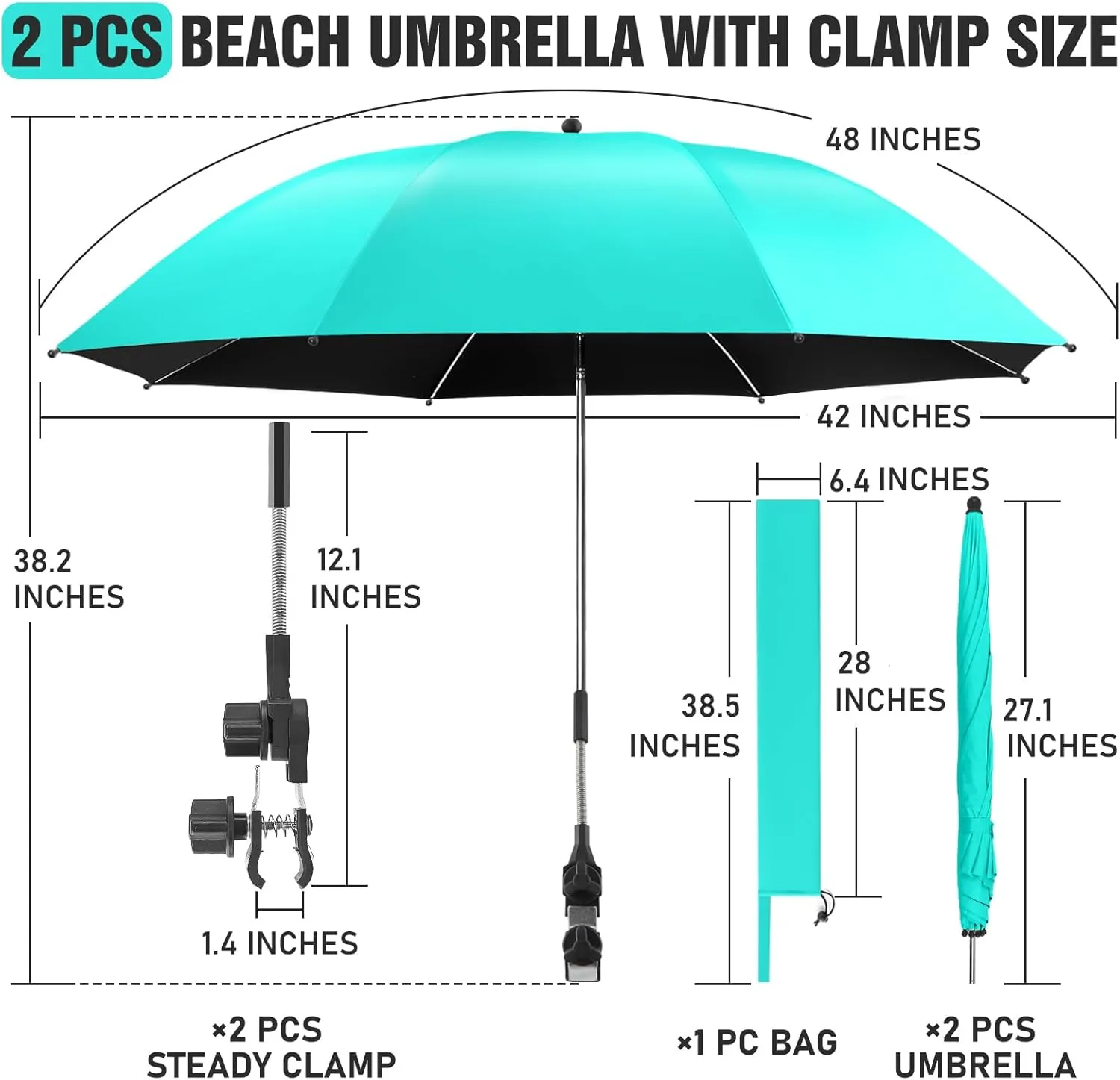 2 PACK Beach Umbrella with Clamp, 360 ° Adjustable Umbrellas for Chair, UPF50  Umbrella for Beach Chair, Patio Chair, Wheelchair, Camping Chair, Golf Carts (Chair Not Included)