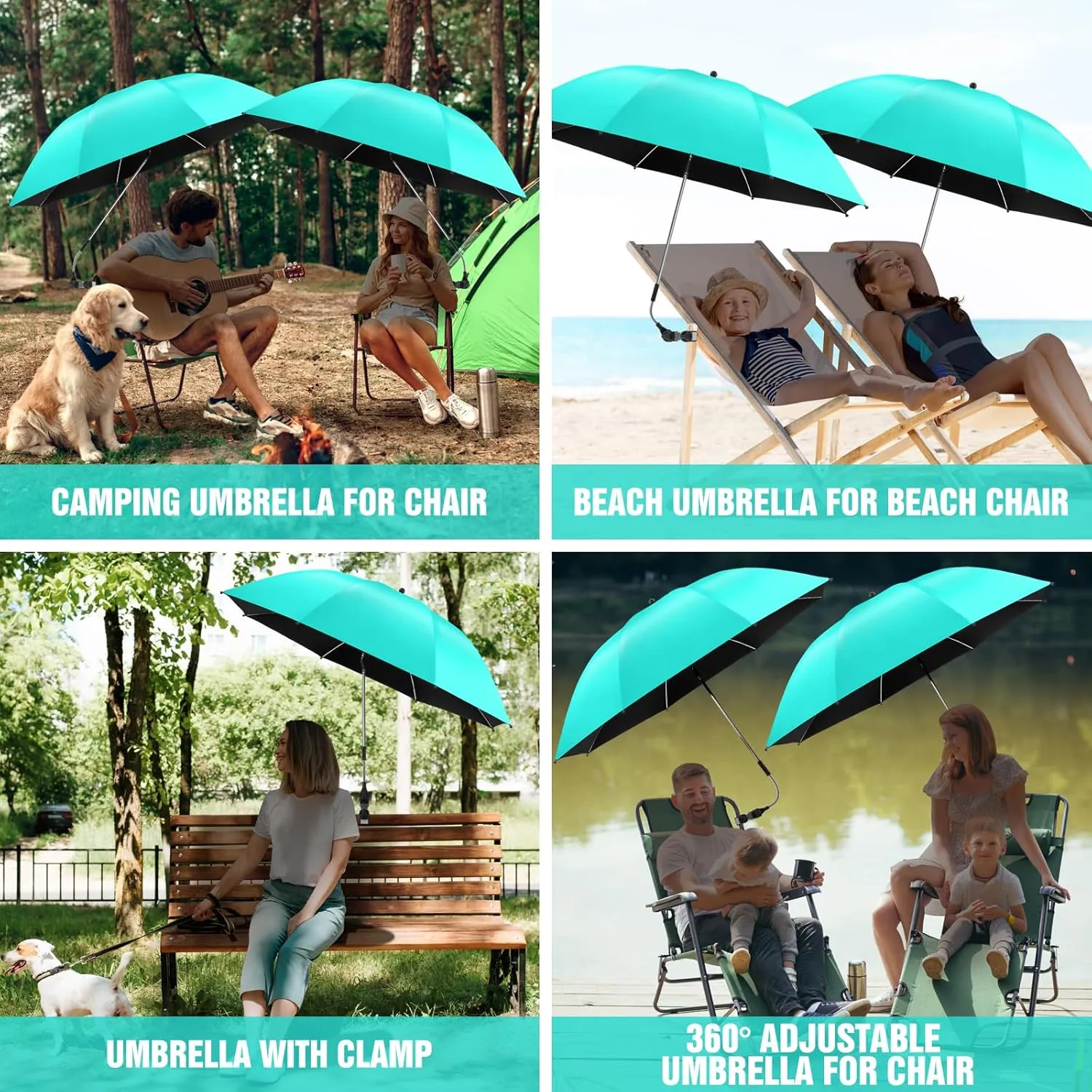 2 PACK Beach Umbrella with Clamp, 360 ° Adjustable Umbrellas for Chair, UPF50  Umbrella for Beach Chair, Patio Chair, Wheelchair, Camping Chair, Golf Carts (Chair Not Included)