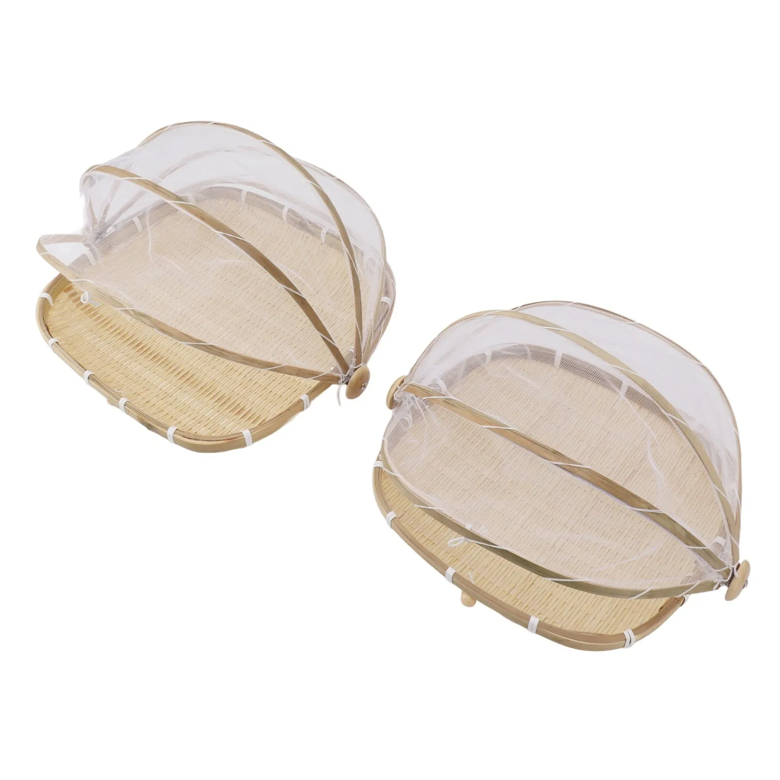 2Pcs Food Serving Tent Basket Fly Skeeter Insect Resistant Bamboo Basket With Dish Mesh Cover Square