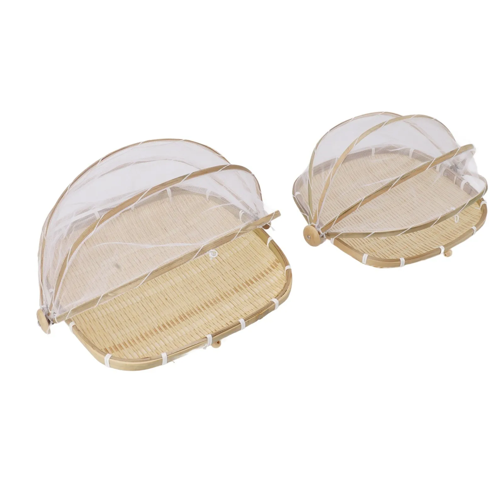 2Pcs Food Serving Tent Basket Fly Skeeter Insect Resistant Bamboo Basket With Dish Mesh Cover Square