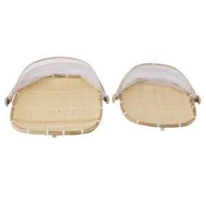 2Pcs Food Serving Tent Basket Fly Skeeter Insect Resistant Bamboo Basket With Dish Mesh Cover Square