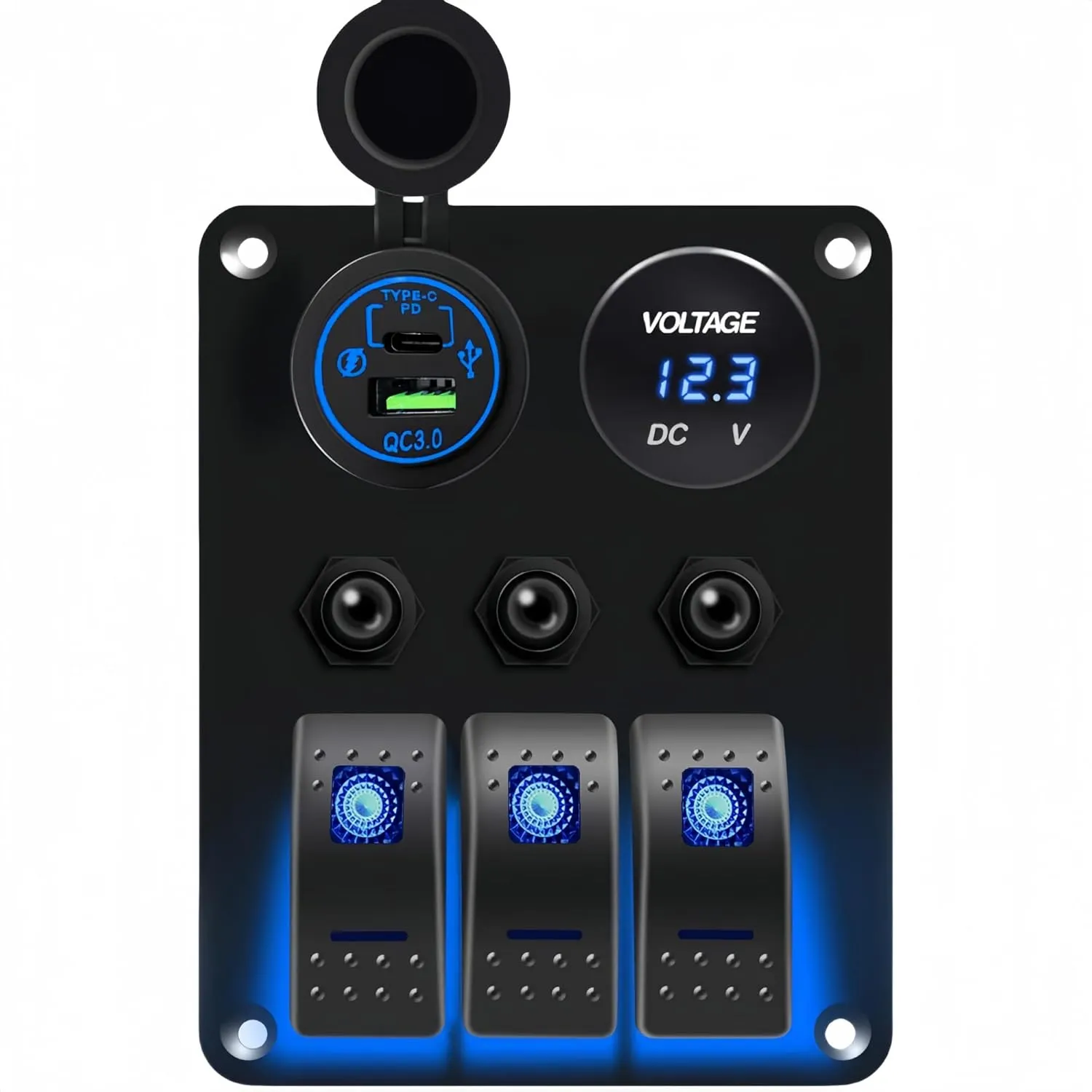 3 Gang Marine Rocker Switch Panel with Breakers, 12V DC Dual QC3.0 & Type C Ports USB Socket LED Digital Voltmeter, Waterproof Toggle Switch Panel with Overload Protection for Car RV Truck Boat (Red)