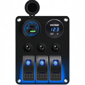 3 Gang Marine Rocker Switch Panel with Breakers, 12V DC Dual QC3.0 & Type C Ports USB Socket LED Digital Voltmeter, Waterproof Toggle Switch Panel with Overload Protection for Car RV Truck Boat (Red)