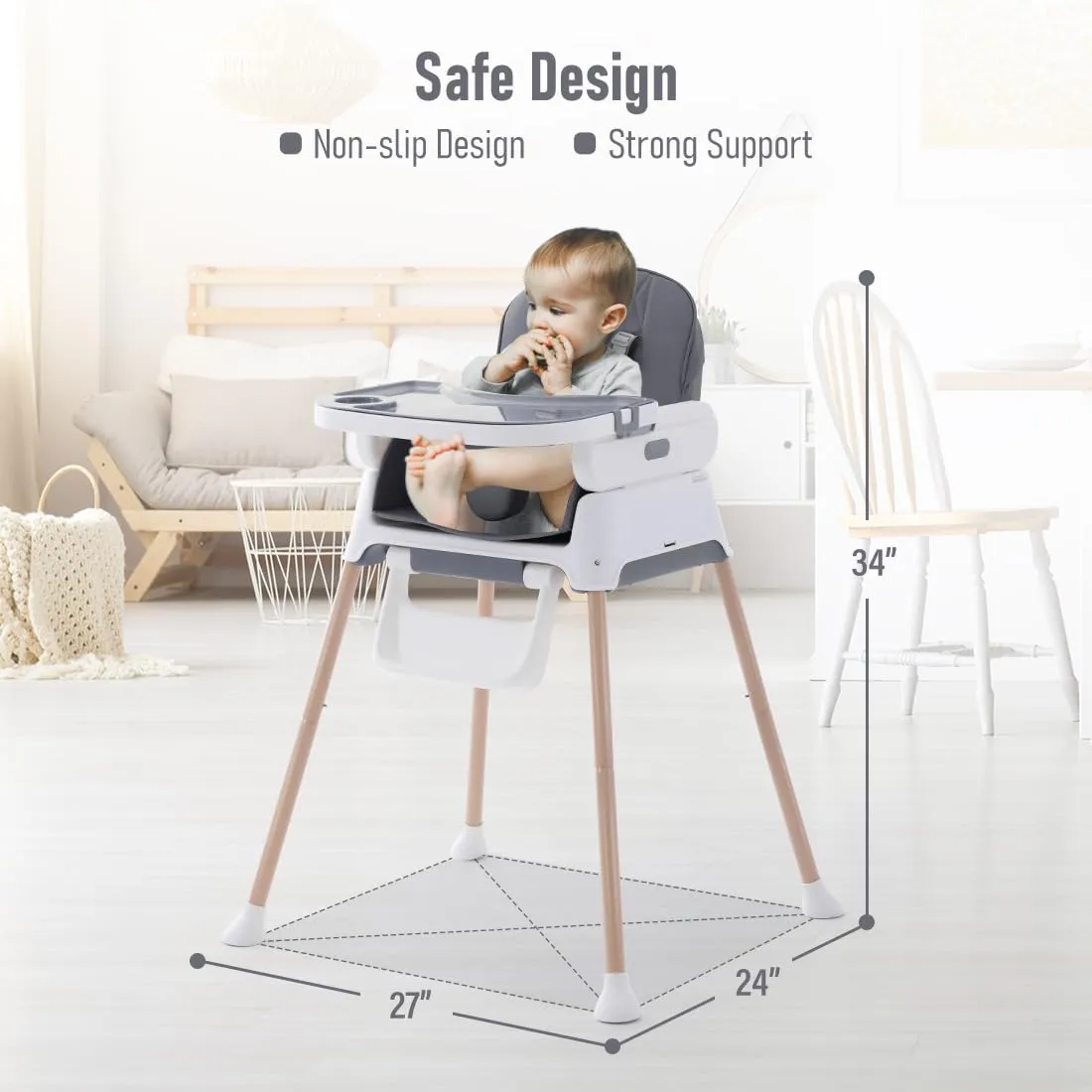 3 in 1 Baby High Chair,Adjustable Convertible Infant Baby Feeding Chair Booster for Eating with Detachable Double Tray,5 Point Harness,Deep Gray