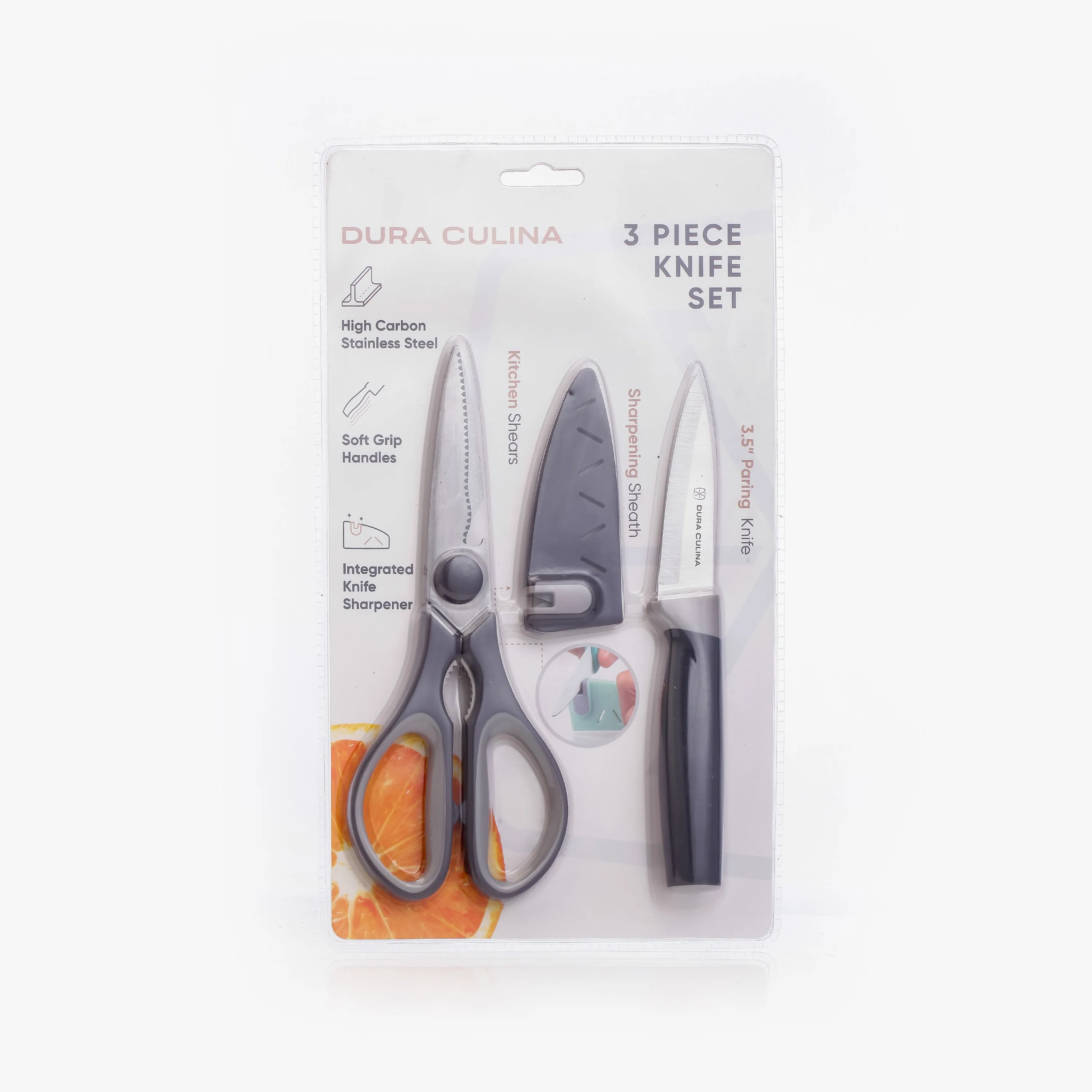 3 Piece Kitchen Knife Set - Paring Knife, Blade Guard with Built in Sharpener, and Multi Purpose Shears by Dura Living