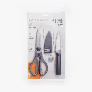 3 Piece Kitchen Knife Set - Paring Knife, Blade Guard with Built in Sharpener, and Multi Purpose Shears by Dura Living