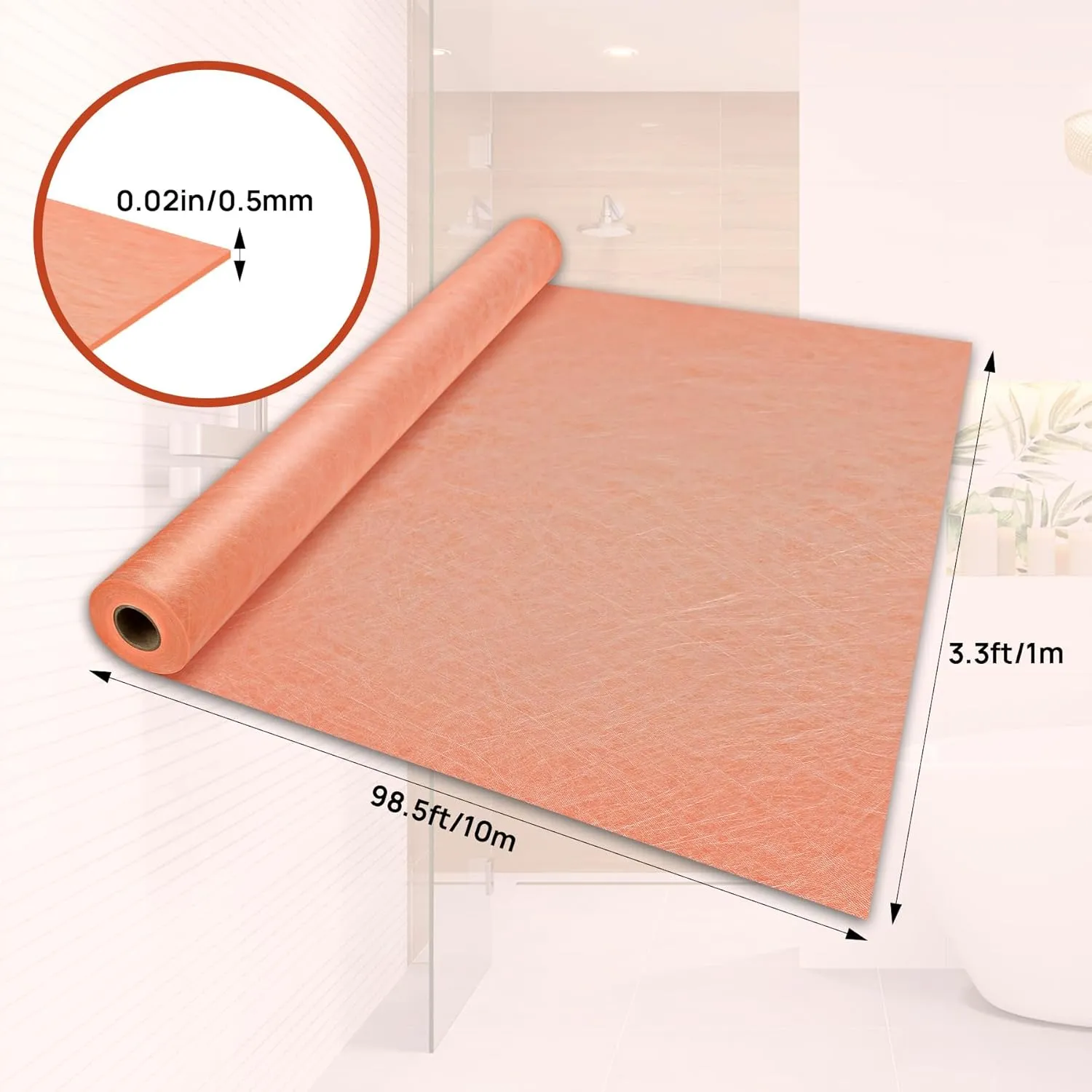 3.3FTx33FT Waterproof Membrane for Shower, Polyethylene Waterproofing Uncoupling Shower Membrane, 23.6 Mil Tile Flooring Deck Roll Membrane for Shower Wall, Bathroom Floors, Sauna Walls
