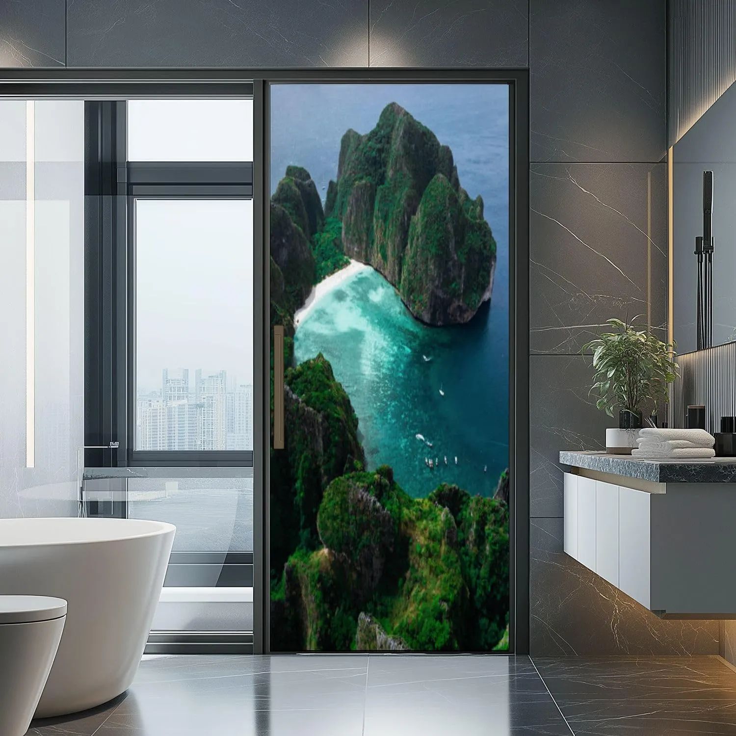 3D Door Sticker Aerial View Maya Bay Maya Bay is Crown Jewel Phi Phi Islands Southern Door Mural Peel and Stick Self-Adhesive Decal Removable Wallpaper Poster Home Decor for Bedroom 30.3"x78.7"