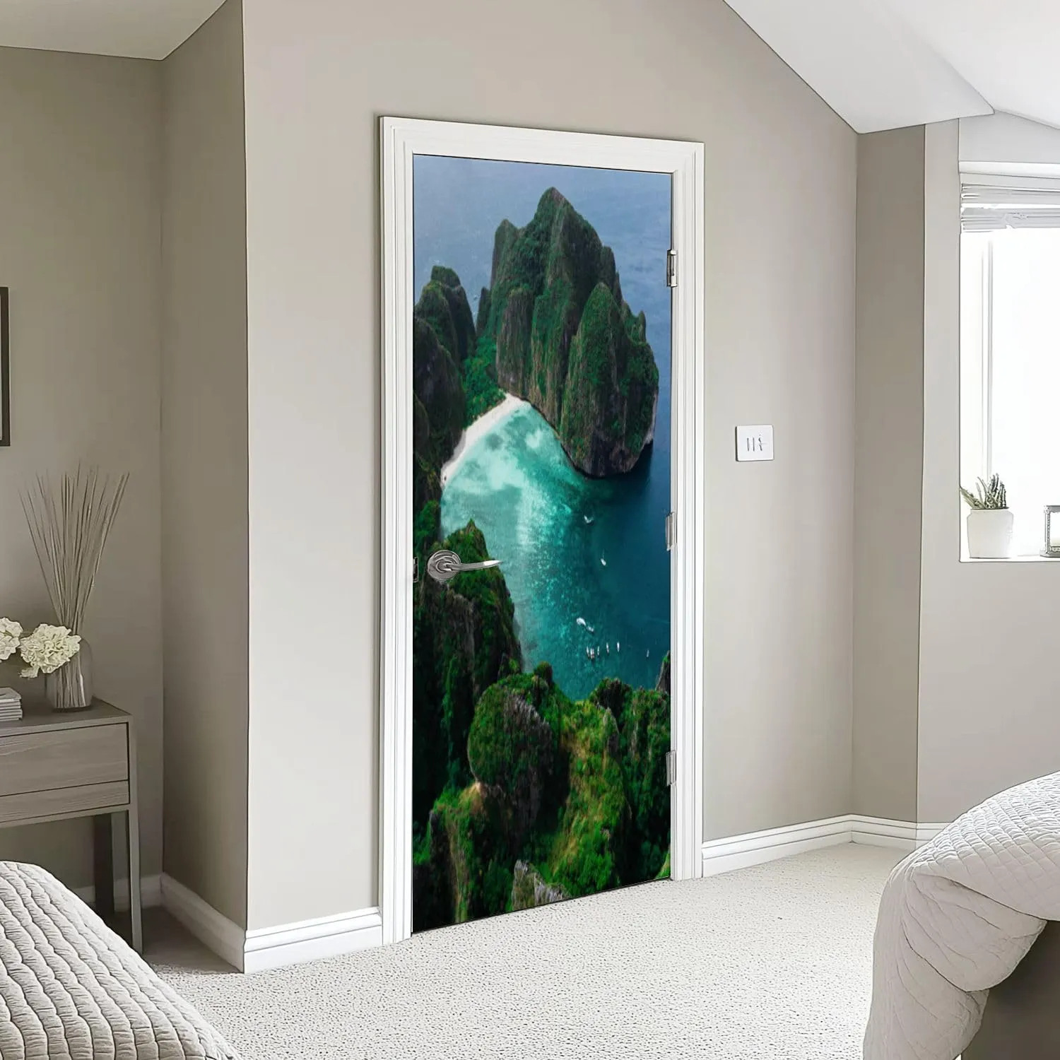 3D Door Sticker Aerial View Maya Bay Maya Bay is Crown Jewel Phi Phi Islands Southern Door Mural Peel and Stick Self-Adhesive Decal Removable Wallpaper Poster Home Decor for Bedroom 30.3"x78.7"