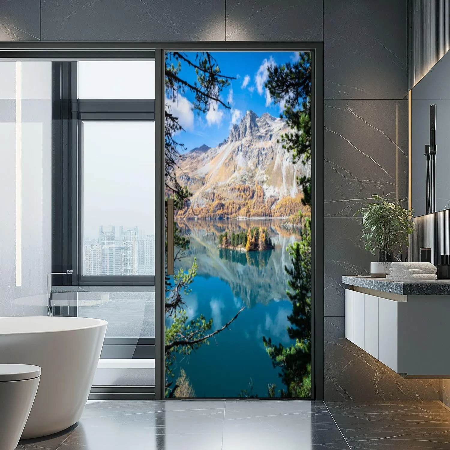 3D Door Sticker Beautiful Autumn Scenery an Alpine Lake Door Mural Peel and Stick Self-Adhesive Decal Removable Wallpaper Poster Home Decor for Bedroom 30.3"x78.7"