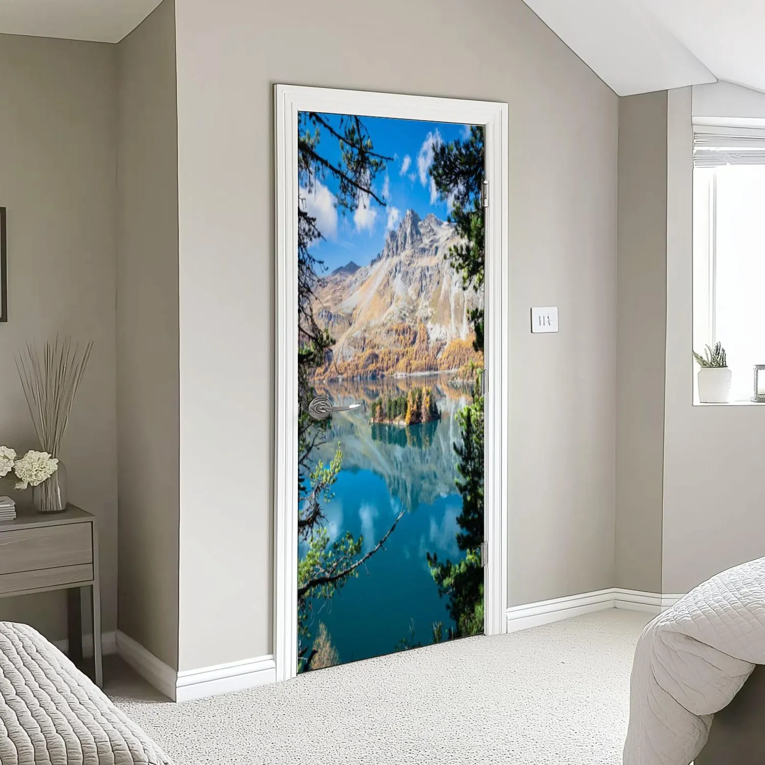 3D Door Sticker Beautiful Autumn Scenery an Alpine Lake Door Mural Peel and Stick Self-Adhesive Decal Removable Wallpaper Poster Home Decor for Bedroom 30.3"x78.7"