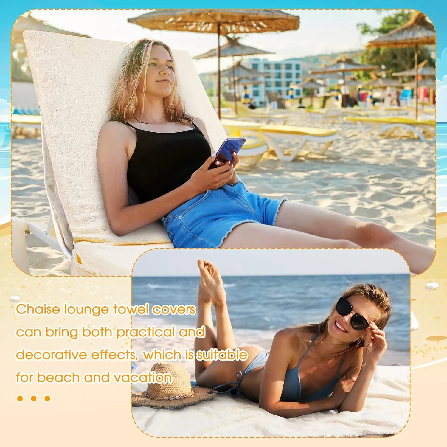 4 Pcs Beach Chair Cover with Side Pockets Soft Lounge Chair Towels Cotton Microfiber Pool Lounge Chair Towel Covers with Pockets for Sun Lounger Sunbathing Holidays Outdoor Hotel 30 x 85 Inch (Beige)