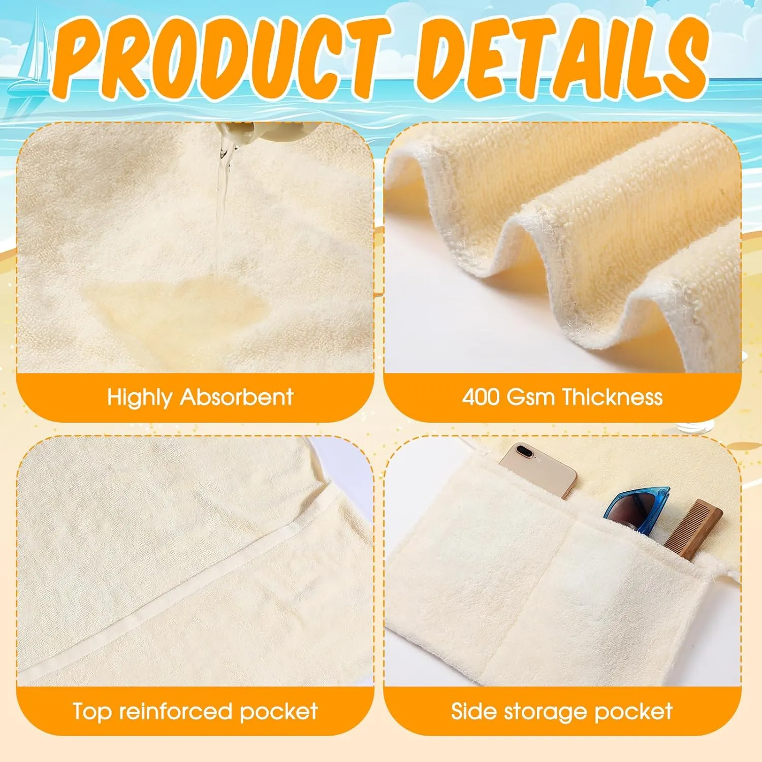 4 Pcs Beach Chair Cover with Side Pockets Soft Lounge Chair Towels Cotton Microfiber Pool Lounge Chair Towel Covers with Pockets for Sun Lounger Sunbathing Holidays Outdoor Hotel 30 x 85 Inch (Beige)
