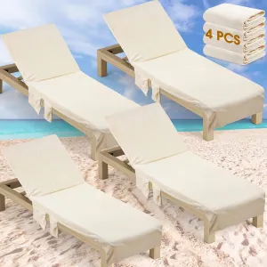4 Pcs Beach Chair Cover with Side Pockets Soft Lounge Chair Towels Cotton Microfiber Pool Lounge Chair Towel Covers with Pockets for Sun Lounger Sunbathing Holidays Outdoor Hotel 30 x 85 Inch (Beige)