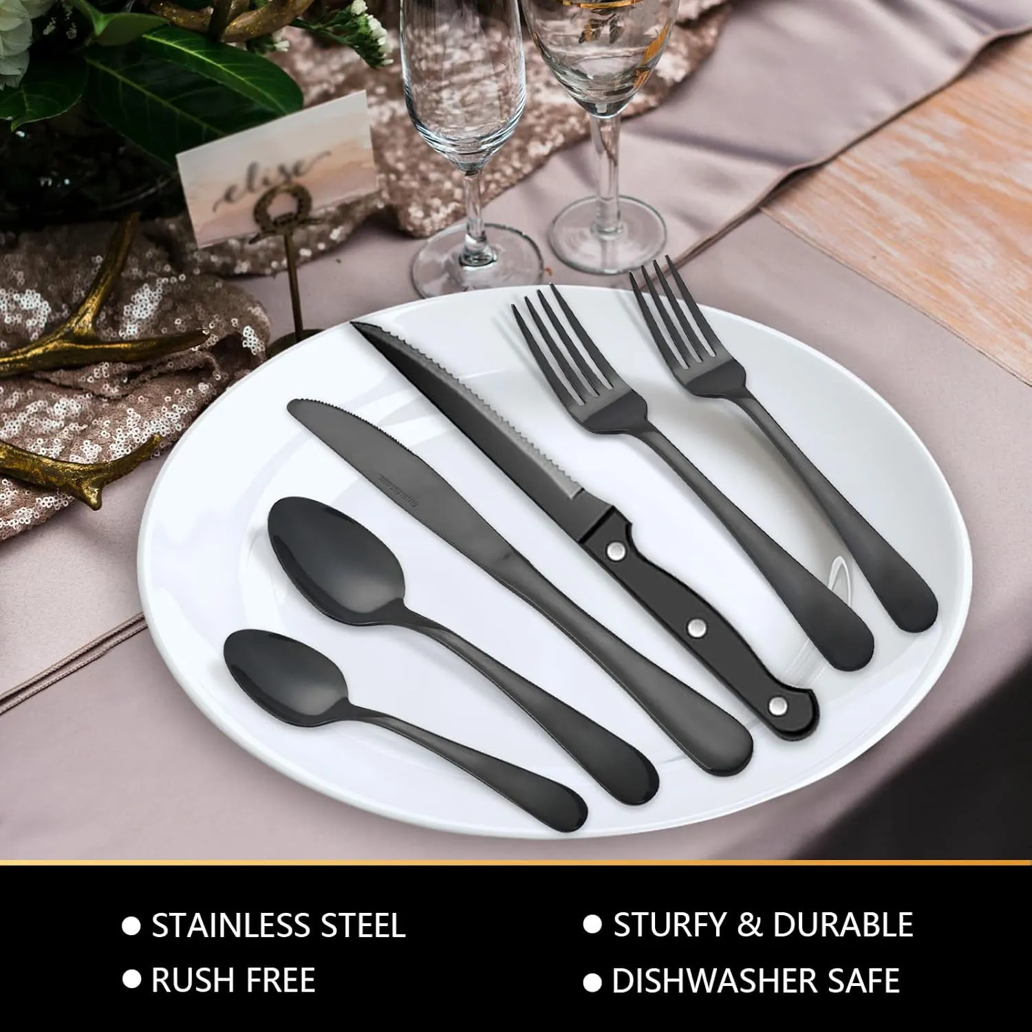 48-Piece Silverware Set Flatware Cutlery Set Service for 8, Durable Stainless Steel in Ergonomic Design Size and Weight, Kitchen Utensil Sets with Steak Knives, Rust-proof, Dishwasher Safe