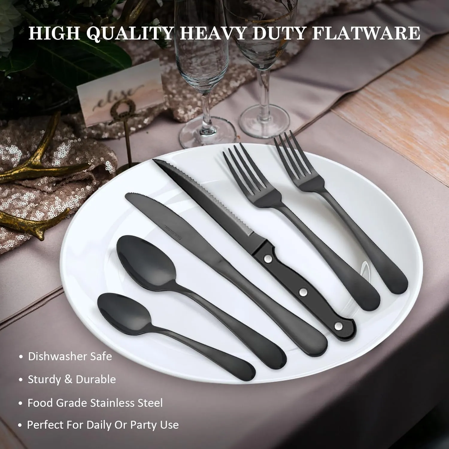 48-Piece Silverware Set Flatware Cutlery Set Service for 8, Durable Stainless Steel in Ergonomic Design Size and Weight, Kitchen Utensil Sets with Steak Knives, Rust-proof, Dishwasher Safe