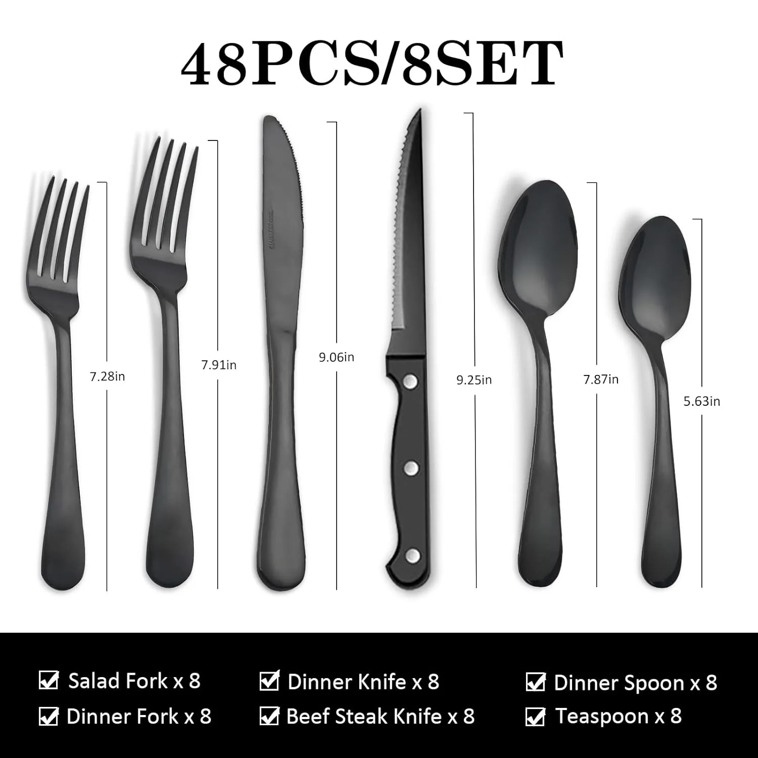 48-Piece Silverware Set Flatware Cutlery Set Service for 8, Durable Stainless Steel in Ergonomic Design Size and Weight, Kitchen Utensil Sets with Steak Knives, Rust-proof, Dishwasher Safe