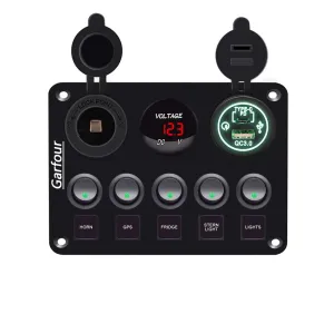 5 Gang Green Switch Panel 12 Volt ON-Off Switch Panel Blue LED with Inline Fuse QC 3.0 USB and Type-C Charger Socket Digital Voltmeter 12V Cigarette Lighter Socket for Marine Boat Car