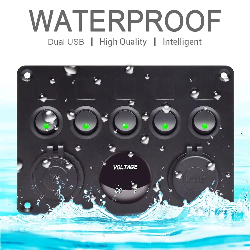 5 Gang Green Switch Panel 12 Volt ON-Off Switch Panel Blue LED with Inline Fuse QC 3.0 USB and Type-C Charger Socket Digital Voltmeter 12V Cigarette Lighter Socket for Marine Boat Car