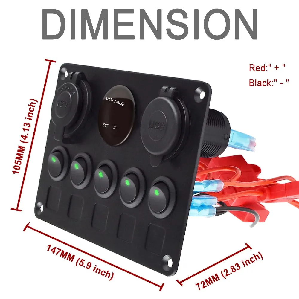 5 Gang Green Switch Panel 12 Volt ON-Off Switch Panel Blue LED with Inline Fuse QC 3.0 USB and Type-C Charger Socket Digital Voltmeter 12V Cigarette Lighter Socket for Marine Boat Car