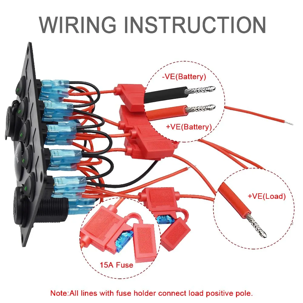 5 Gang Red Switch Panel 12 Volt ON-Off Switch Panel Blue LED with Inline Fuse QC 3.0 USB and Type C Charger Socket Digital Voltmeter 12V Cigarette Lighter Socket for Marine Boat Car