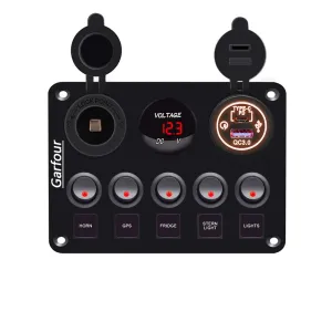 5 Gang Red Switch Panel 12 Volt ON-Off Switch Panel Blue LED with Inline Fuse QC 3.0 USB and Type C Charger Socket Digital Voltmeter 12V Cigarette Lighter Socket for Marine Boat Car