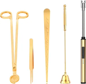 5 in 1 Candle Accessory Set,Candle Wick Trimmer Cutter,Candle Wick Dipper,Candle Wick Snuffer,Rechargeable Candle Lighter,Tweezers,Stainless Steel Candle Care Kit Home Gift for Aromatherapy(Gold)
