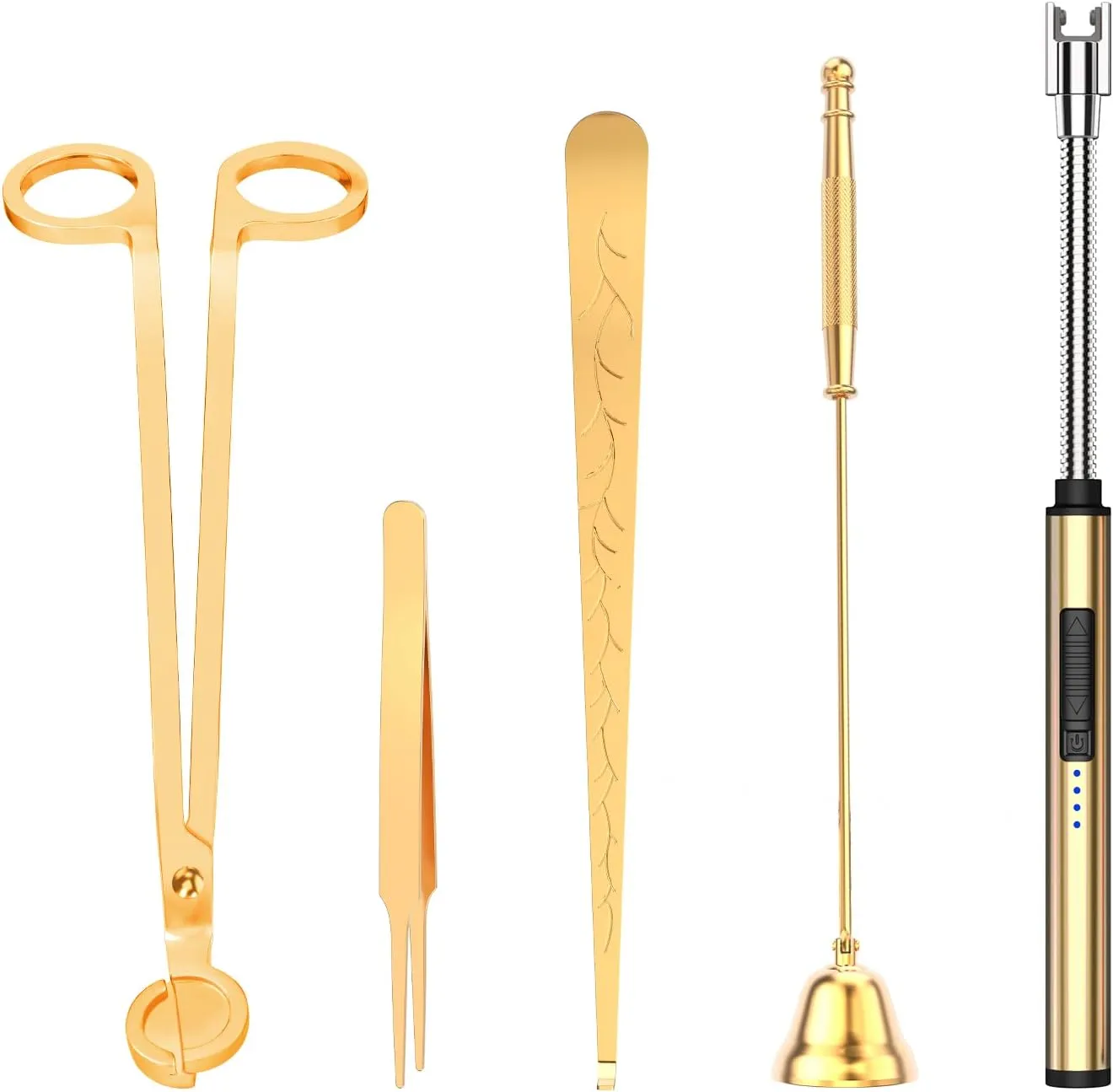5 in 1 Candle Accessory Set,Candle Wick Trimmer Cutter,Candle Wick Dipper,Candle Wick Snuffer,Rechargeable Candle Lighter,Tweezers,Stainless Steel Candle Care Kit Home Gift for Aromatherapy(Gold)