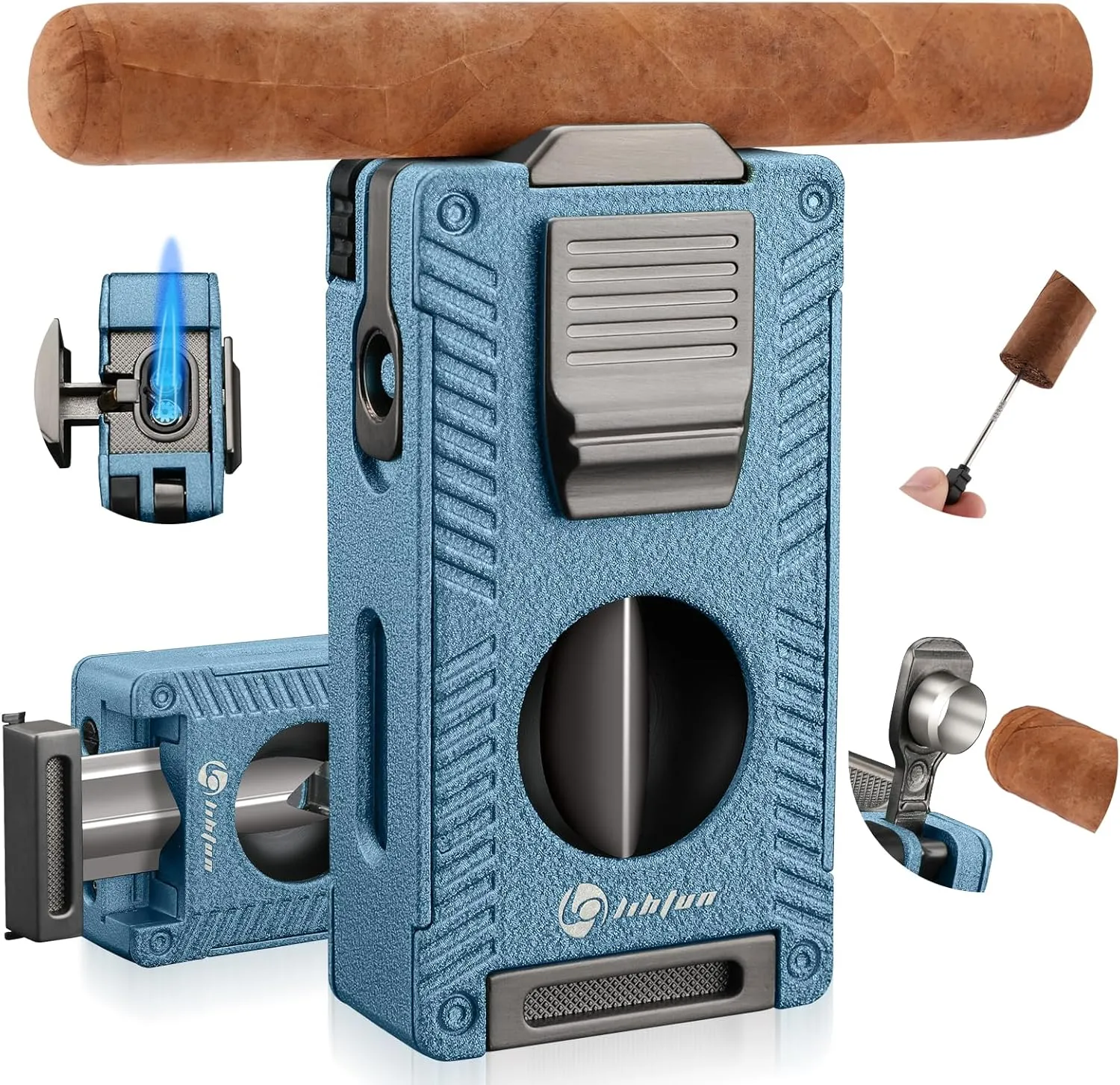 5-in-1 Cigar Lighter, Butane Torch Lighter Built-in Cigar Holder Cigar Punch Cigar Draw Enhancer Cigar Cutter V Cut, 2 Jet Flame Refillable Butane Lighters Cigar Accessories Gift (Blue)