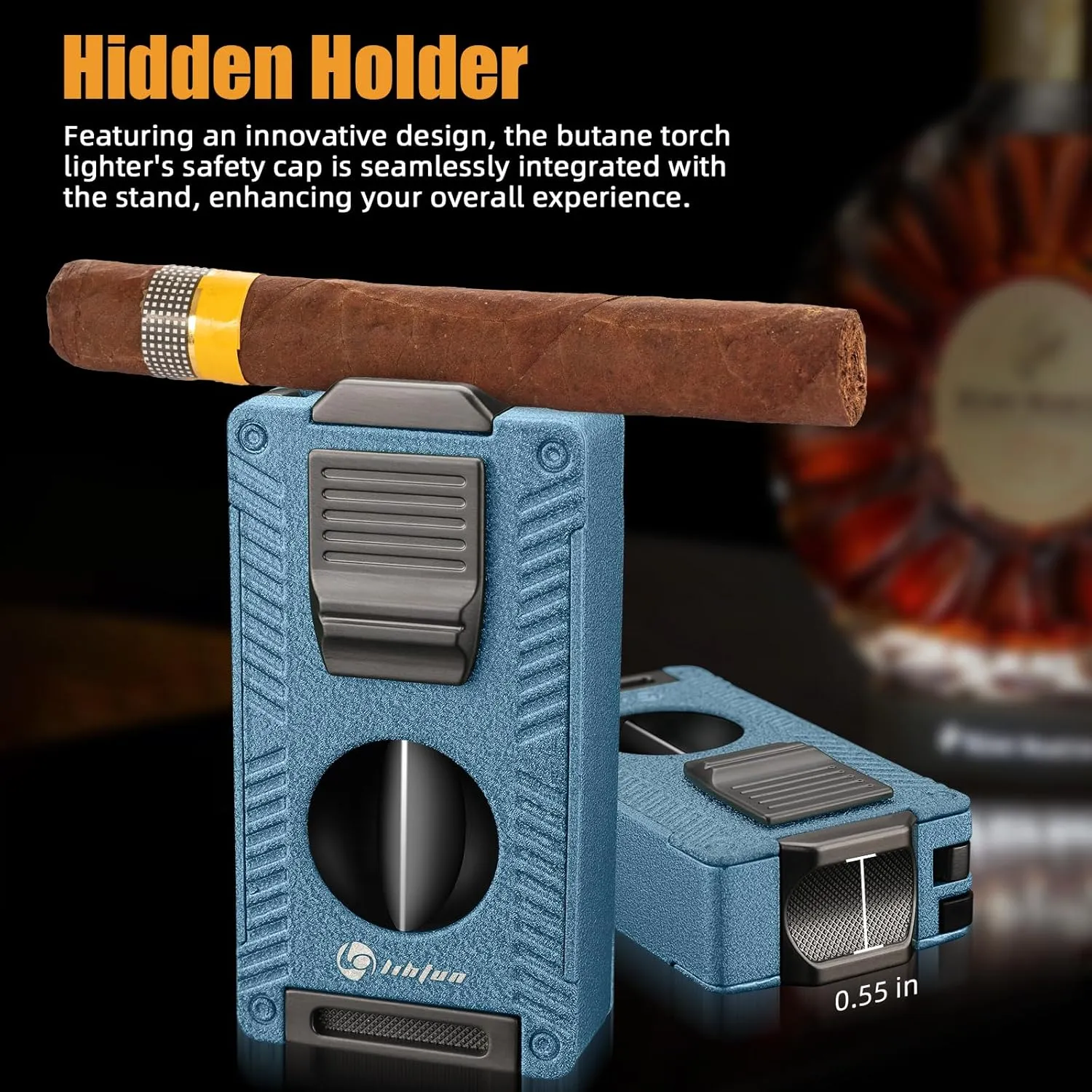 5-in-1 Cigar Lighter, Butane Torch Lighter Built-in Cigar Holder Cigar Punch Cigar Draw Enhancer Cigar Cutter V Cut, 2 Jet Flame Refillable Butane Lighters Cigar Accessories Gift (Blue)