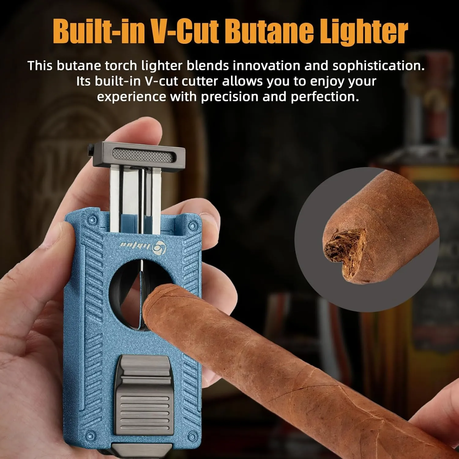 5-in-1 Cigar Lighter, Butane Torch Lighter Built-in Cigar Holder Cigar Punch Cigar Draw Enhancer Cigar Cutter V Cut, 2 Jet Flame Refillable Butane Lighters Cigar Accessories Gift (Blue)