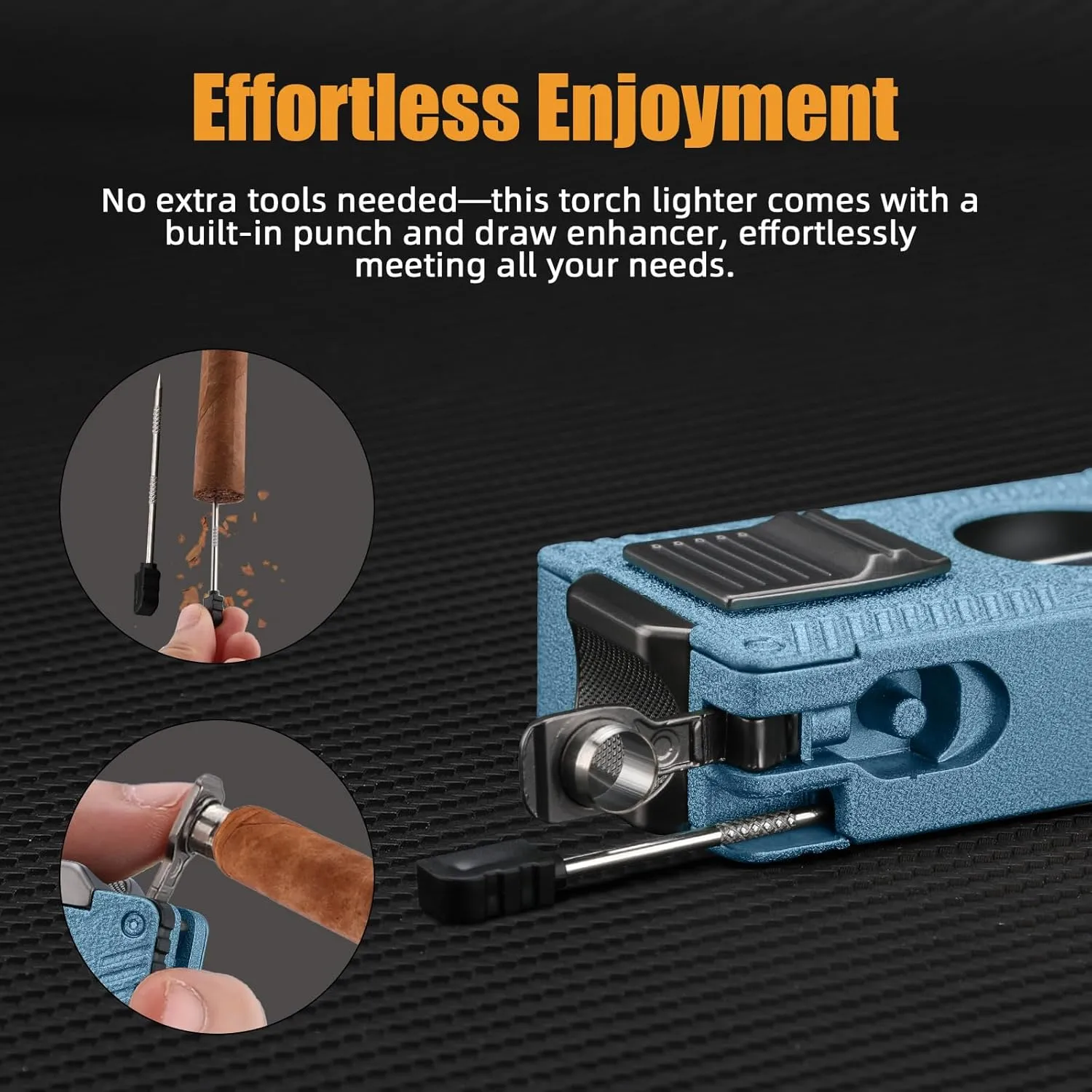 5-in-1 Cigar Lighter, Butane Torch Lighter Built-in Cigar Holder Cigar Punch Cigar Draw Enhancer Cigar Cutter V Cut, 2 Jet Flame Refillable Butane Lighters Cigar Accessories Gift (Blue)