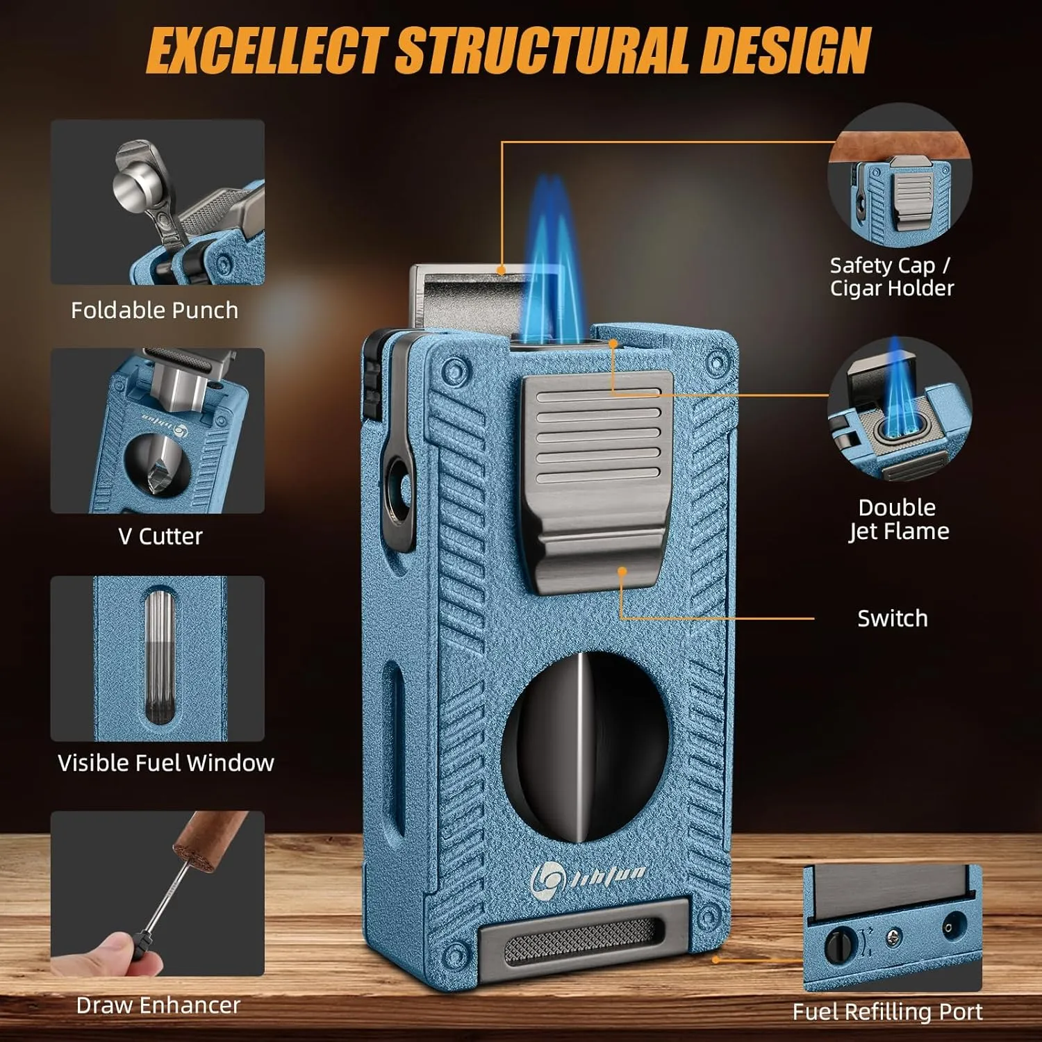 5-in-1 Cigar Lighter, Butane Torch Lighter Built-in Cigar Holder Cigar Punch Cigar Draw Enhancer Cigar Cutter V Cut, 2 Jet Flame Refillable Butane Lighters Cigar Accessories Gift (Blue)