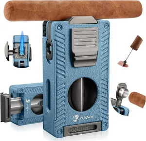 5-in-1 Cigar Lighter, Butane Torch Lighter Built-in Cigar Holder Cigar Punch Cigar Draw Enhancer Cigar Cutter V Cut, 2 Jet Flame Refillable Butane Lighters Cigar Accessories Gift (Blue)