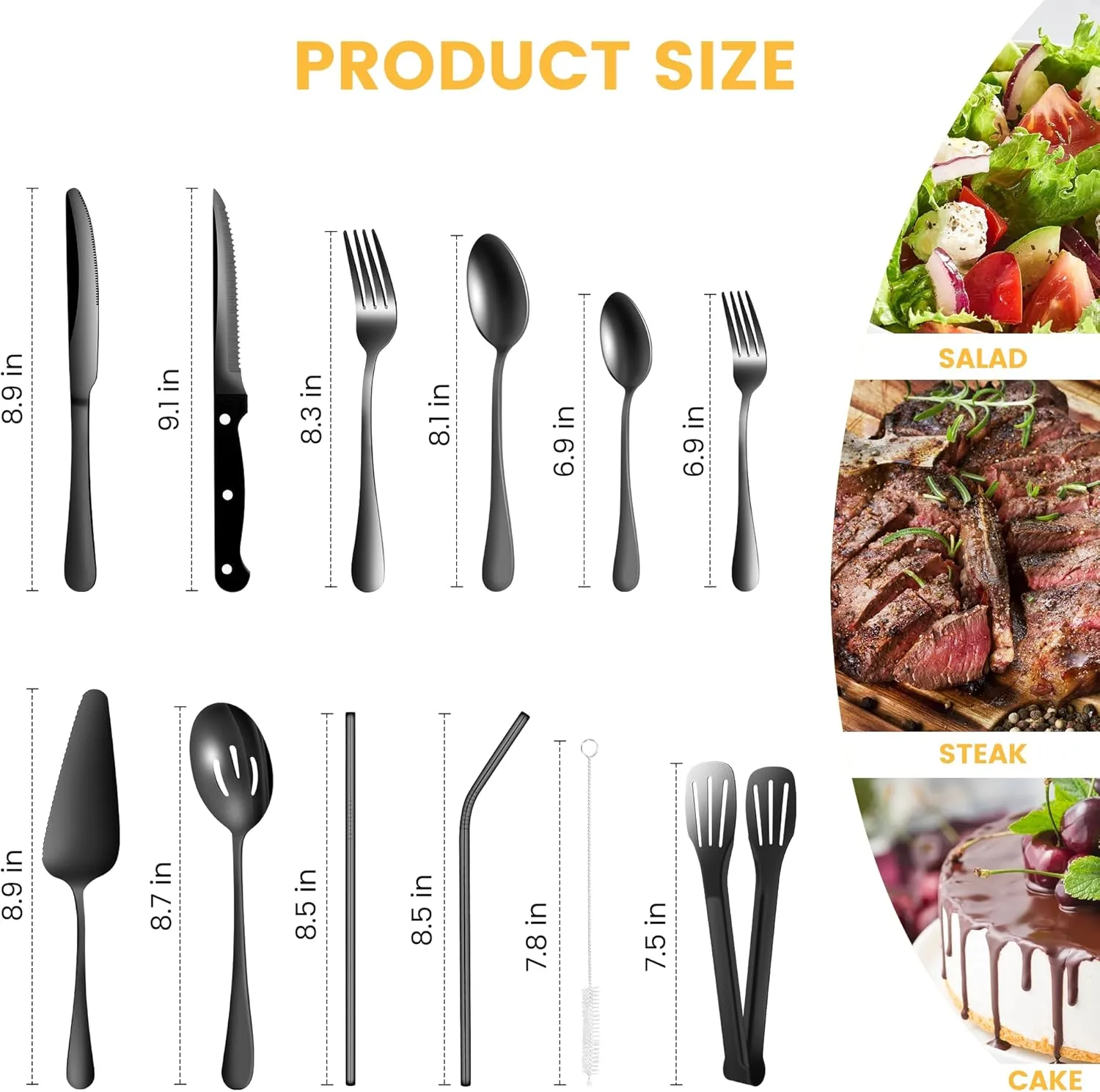 69pcs Black Silverware Set with Steak Knife Service For 8, Flatware Cutlery Set Stainless Steel Utensils Mirror Polishe Spoons and Forks with Metal Straw, Slotted Spoons, Tongs, Cake Server Tableware