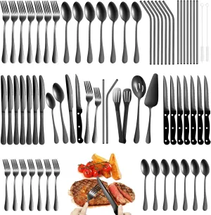 69pcs Black Silverware Set with Steak Knife Service For 8, Flatware Cutlery Set Stainless Steel Utensils Mirror Polishe Spoons and Forks with Metal Straw, Slotted Spoons, Tongs, Cake Server Tableware