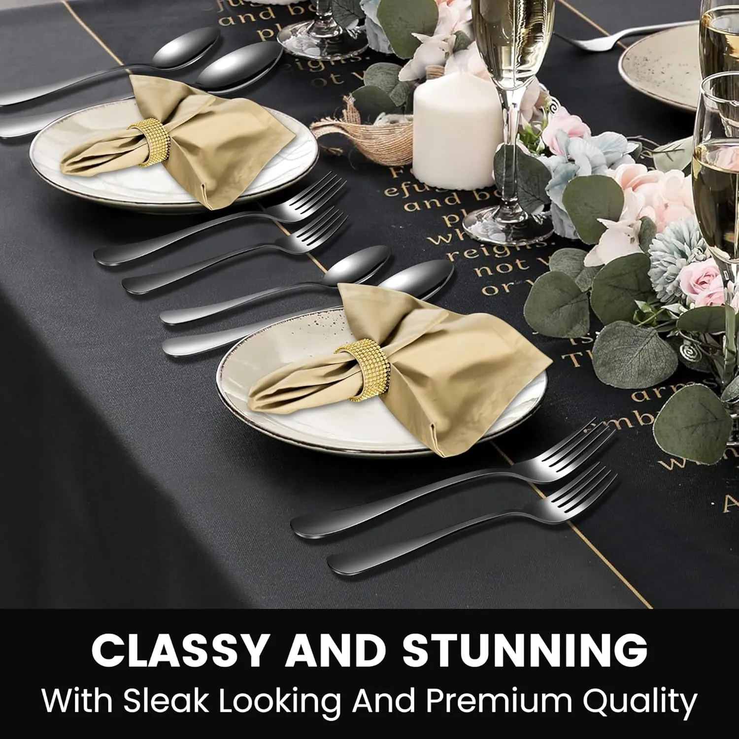 69pcs Black Silverware Set with Steak Knife Service For 8, Flatware Cutlery Set Stainless Steel Utensils Mirror Polishe Spoons and Forks with Metal Straw, Slotted Spoons, Tongs, Cake Server Tableware