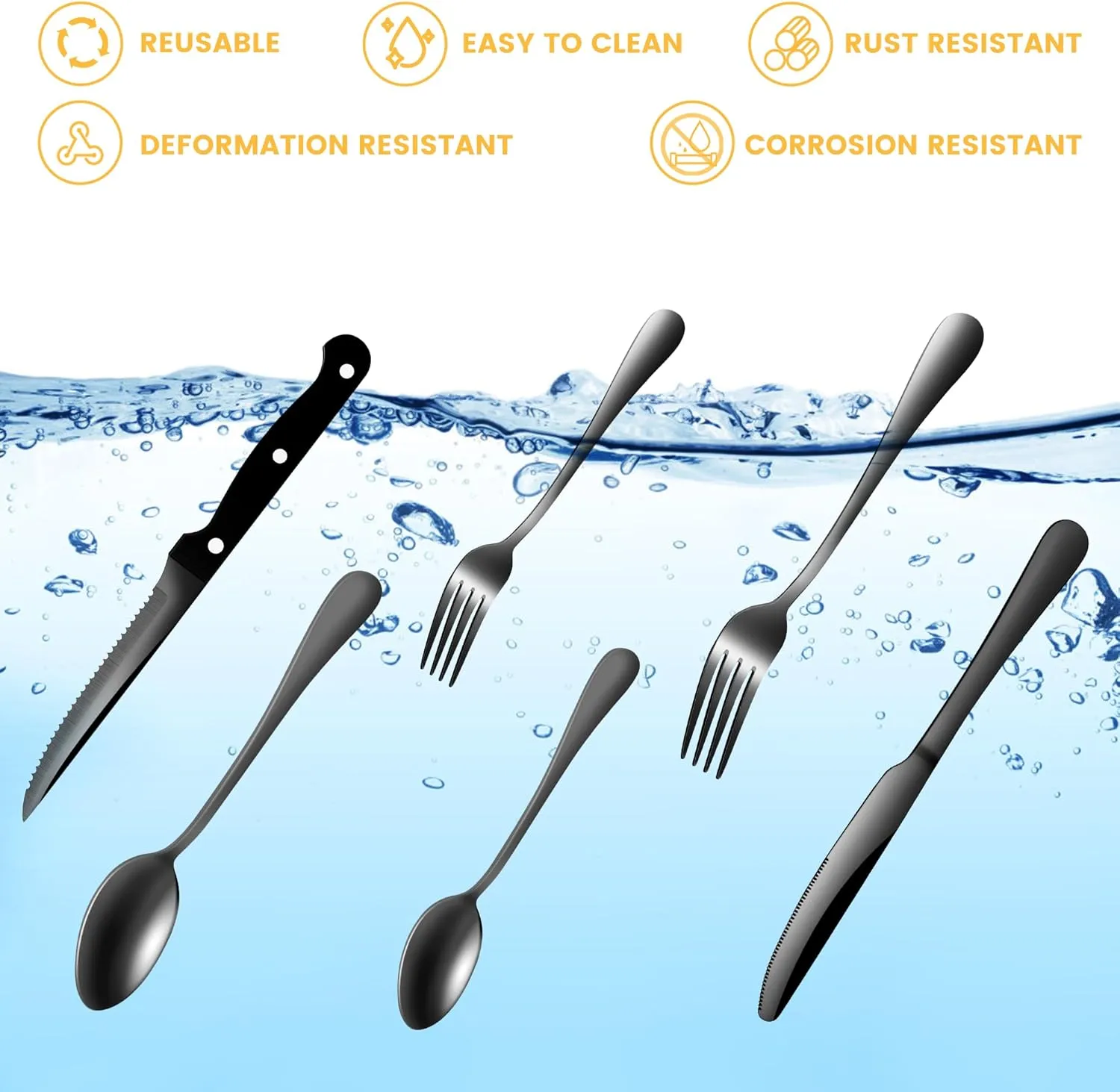 69pcs Black Silverware Set with Steak Knife Service For 8, Flatware Cutlery Set Stainless Steel Utensils Mirror Polishe Spoons and Forks with Metal Straw, Slotted Spoons, Tongs, Cake Server Tableware