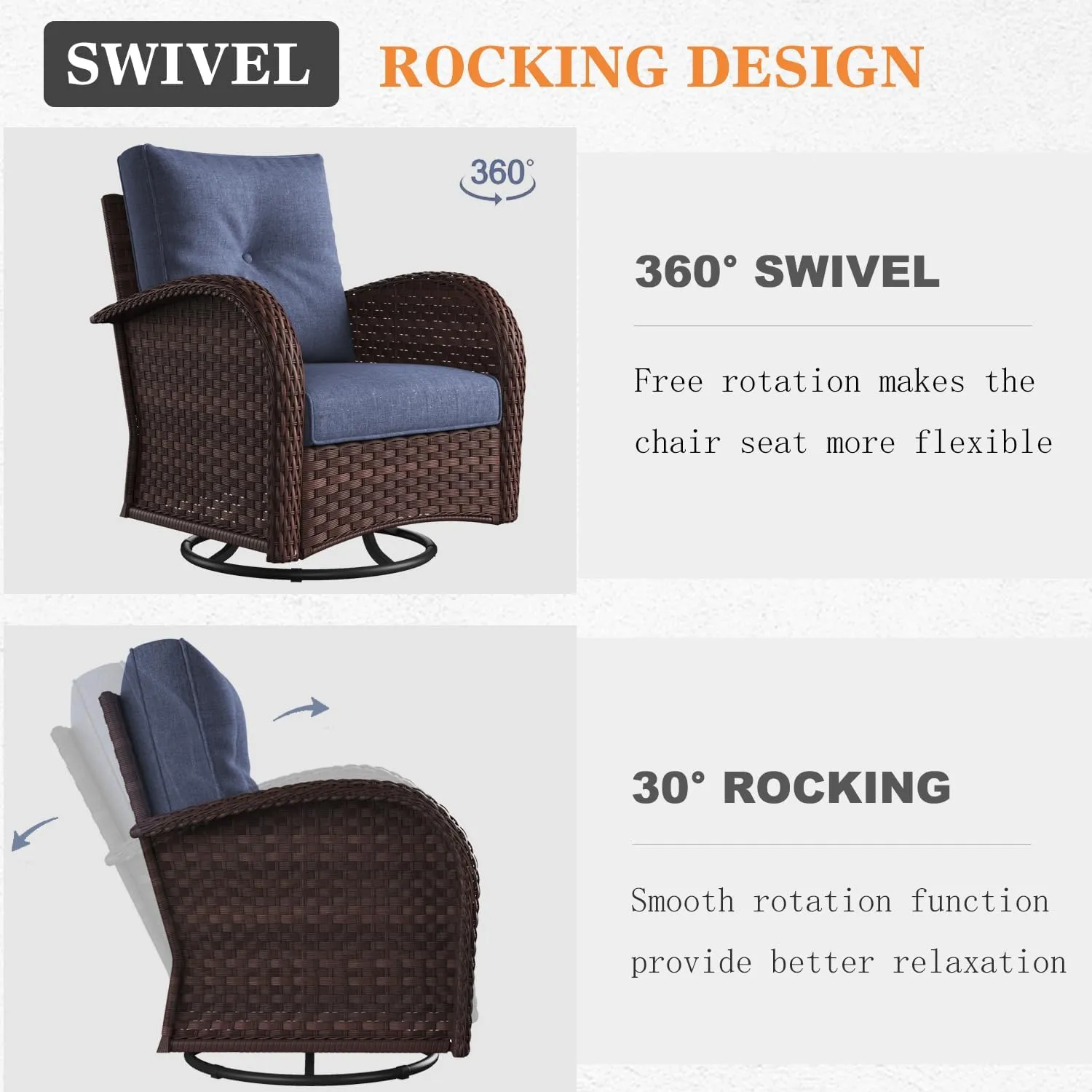 7 Pieces Patio Furniture Sets with Fire Pit Table, Wicker Rattan High Back Outdoor Swivel Rocking Chairs Set with Side Table