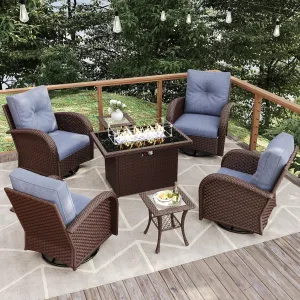 7 Pieces Patio Furniture Sets with Fire Pit Table, Wicker Rattan High Back Outdoor Swivel Rocking Chairs Set with Side Table