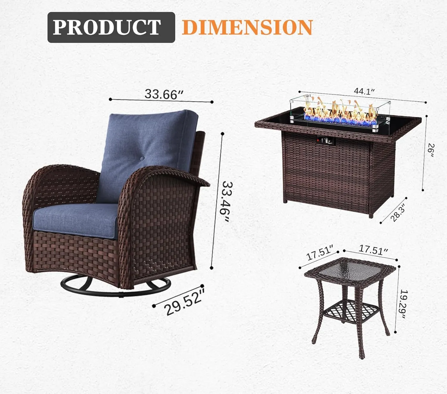 7 Pieces Patio Furniture Sets with Fire Pit Table, Wicker Rattan High Back Outdoor Swivel Rocking Chairs Set with Side Table